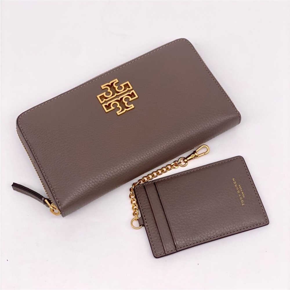 TORY BURCH BRITTEN ZIP CONTINENTAL WITH ID CARD PORTOBELLO GREY COLOR